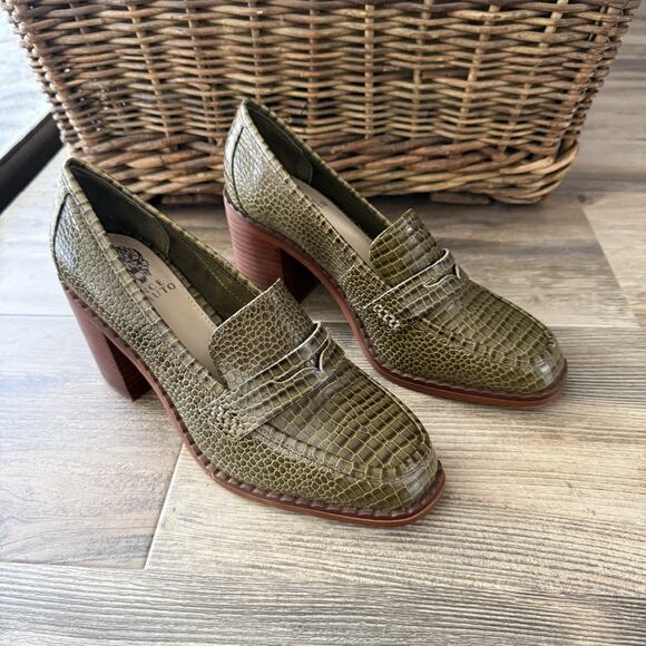 Vince Camuto Carigina Green Croc Leather Block Heel Loafers Size 8M - Picture 1 of 11